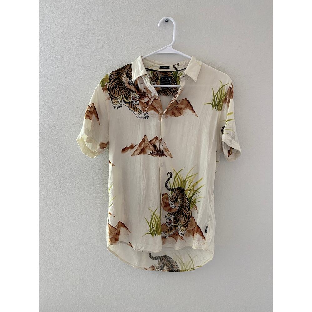 Vintage GUESS Tiger Print Button-Up Shirt – Y2K / Retro Animal Print Top Size S
